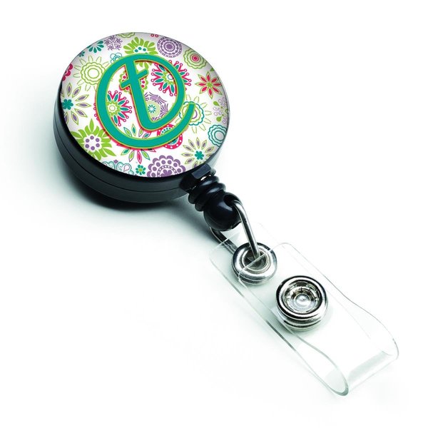 Carolines Treasures Letter T Flowers Pink and Teal Green Initial Retractable Badge Reel CJ2011-TBR